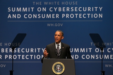 STANFORD, CA - FEBRUARY 13:  U.S. President Barack Obama speaks during the White House Summit on Cybersecurity and Consumer Protection on February 13, 2015 in Stanford, California. President Obama joined corporate CEOs to speak about the imporatance of cybersecurity during the White House Summit on Cybersecurity and Consumer Protection.  (Photo by Justin Sullivan/Getty Images)